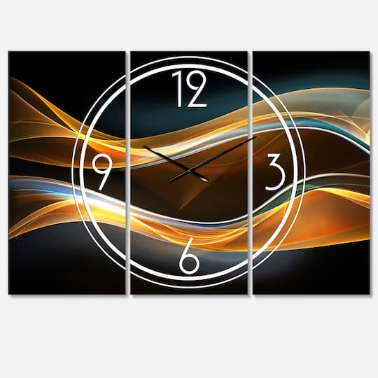 Design Art Designart ‘3D Gold Waves in Black’ Modern 3 Panels Oversized Wall Clock – 36 in. Wide x 28 in. high – 3 Panels